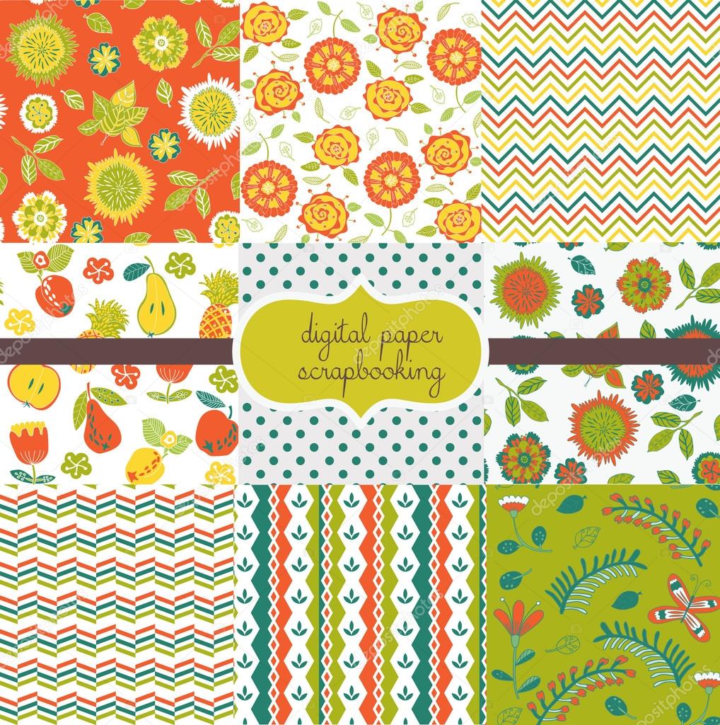 9 Flower & Fruit Designs - Digital paper scrapbook