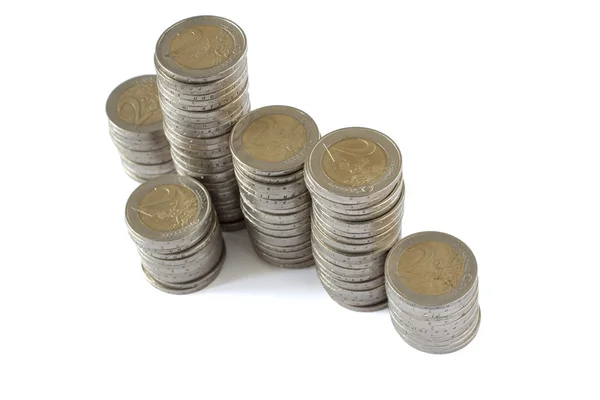 Two euros coins towers — Stock Photo, Image