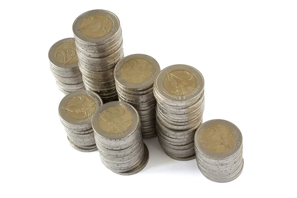 Two euros coins towers — Stock Photo, Image