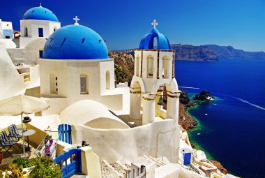 beyaz-mavi santorini - kilise ile caldera view
