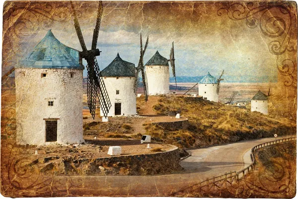 Středověké Španělsko - větrné mlýny ve městě consuegra — Stock fotografie