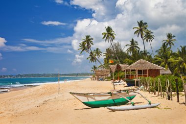 tropikal yalnızlık - tekne ile plaj sahnesi. Sri lanka