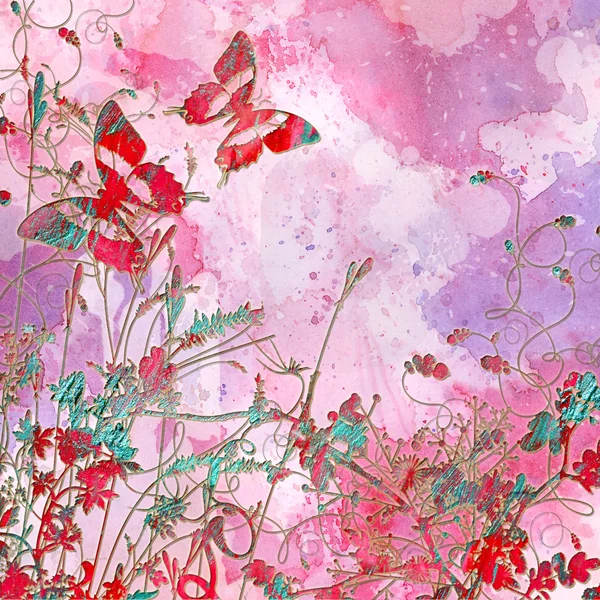 Artistic pink background in grunge style with butterflies — Stock Photo, Image