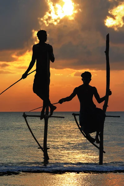 Incredibile tramonto nello Sri Lanka con i tradizionali pescatori di bastoni — Foto Stock