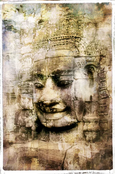 Ancient Cambodian temple Bayon - artwork in retro style — Stock Photo, Image