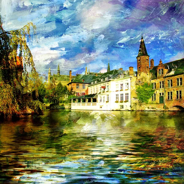 Vecchio canale Belgio - quadro sullo stile di pittura — Foto Stock