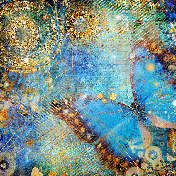 Художественный грязный синий фон с бабочкой
