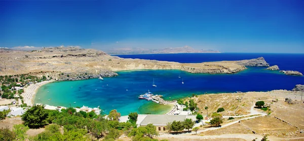 Vista en la bahía de Lindou desde la isla de Lindos Rhodes, Grecia —  Fotos de Stock