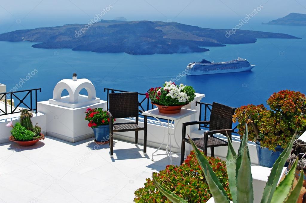 View of volcano - beautiful Thira town (Santorini)