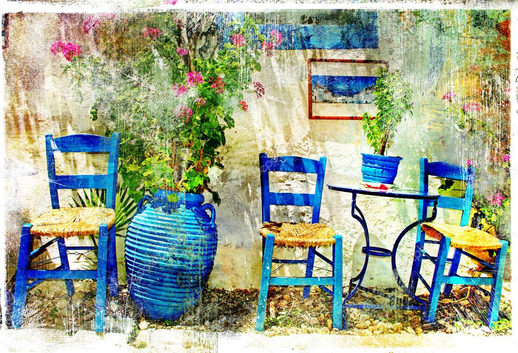 Pictorial details of Greece - old chairs in taverna- retro styled picture