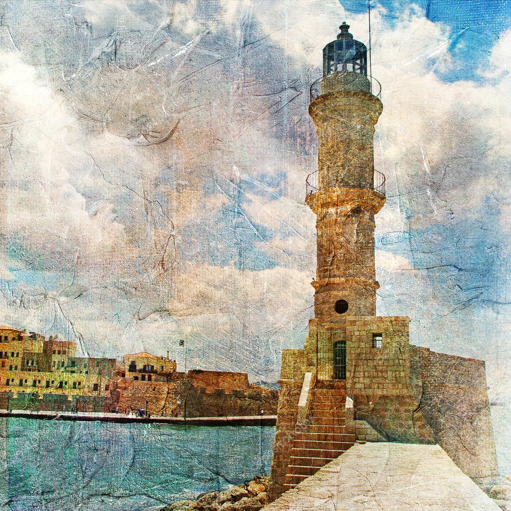 Light house with yacht artistic painting style picture Stock Photo by