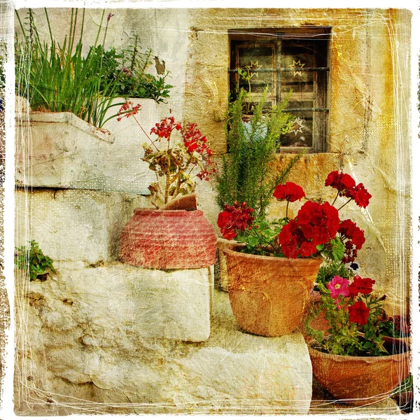 Obrazové detaily z Řecka - staré dveře s květinami - retro stylizovaný obraz — Stock fotografie