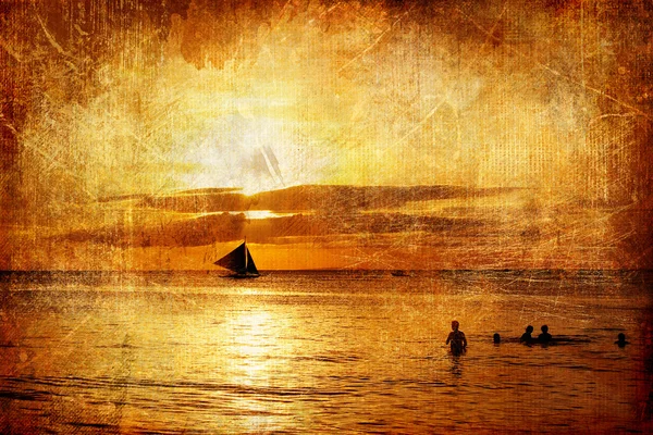 Золотой тропический закат - художественная ретро-картина — стоковое фото