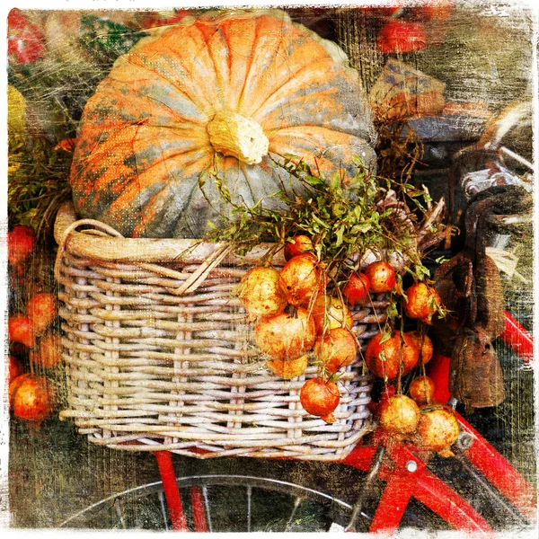 Pumpkins on market - artisitic still life in retro style — Stock Photo, Image