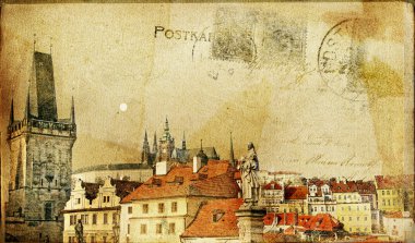 Vintage post card series- cities- Prague clipart