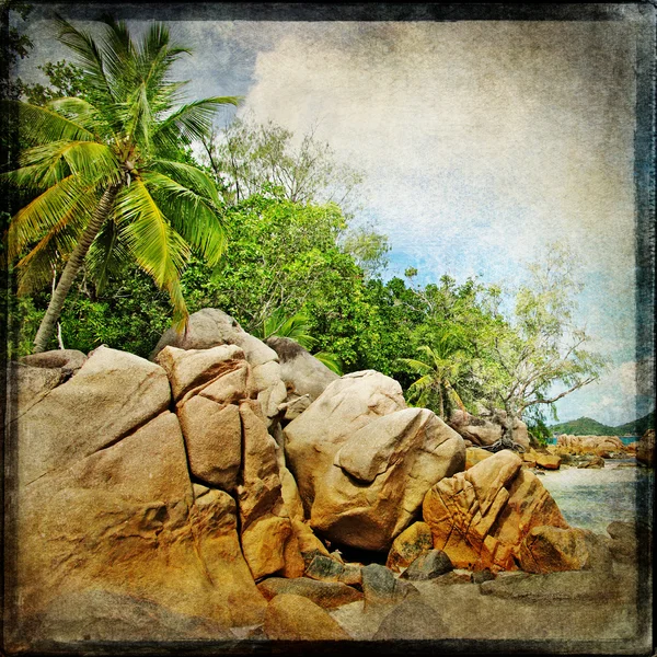 Seychellen Felsstrand - Bild im Retro-Stil — Stockfoto