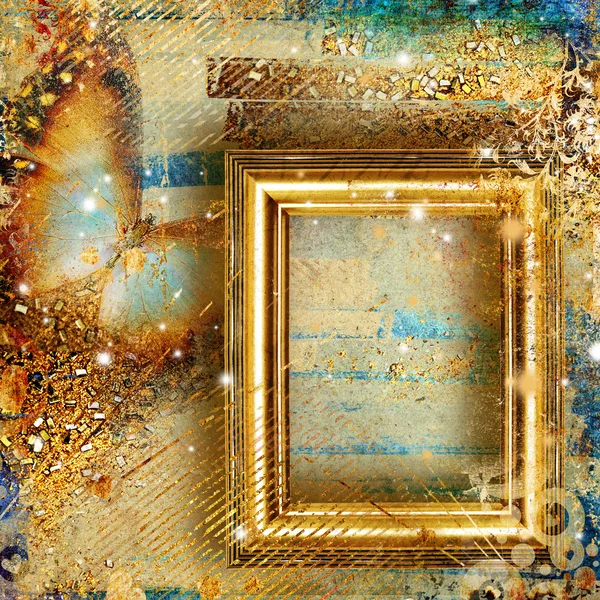 Stylish vintage background with golden frame and butterfly — Stock Photo, Image