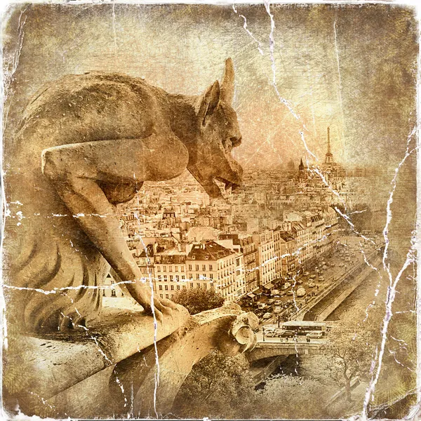 View of Paris from Notre dame - artwork in retro style — Stock Photo, Image