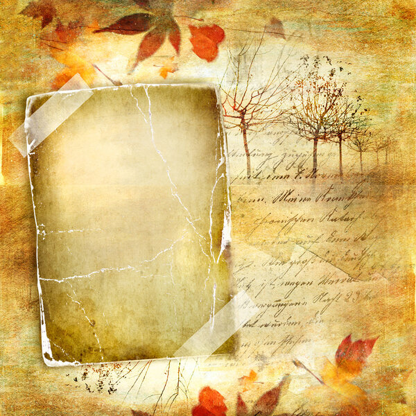 Vintage autumn background with paper frame and leaves