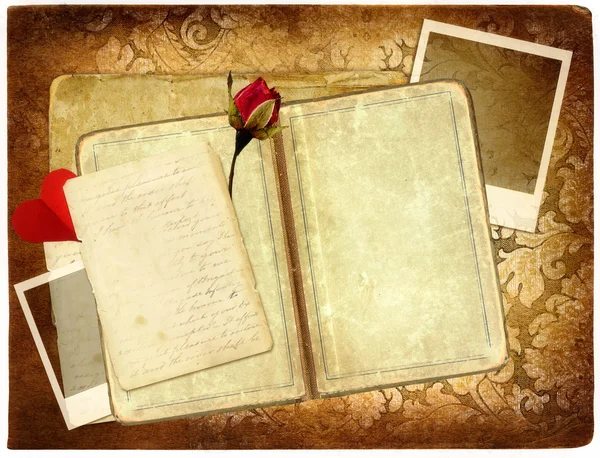 Romantic retro photo-album with old letters,frame and rose — Stock Photo, Image