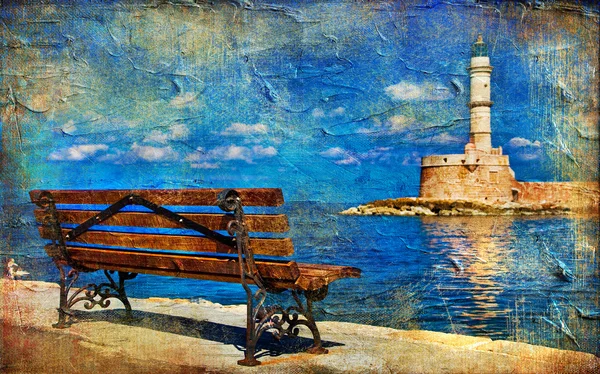 Light house and bench (Chania Crete) - artistic picture — Stock Photo, Image