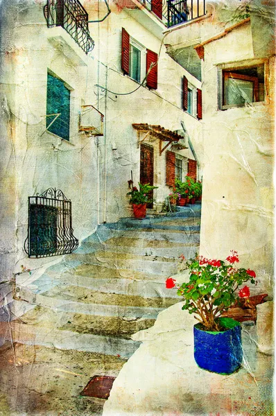 Bildmässigt grekiska byar konstverk i retrostil — Stockfoto