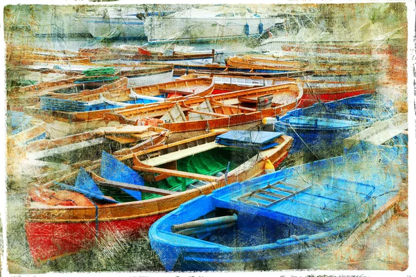 Künstlerisches Bild im Malstil - Boote im Hafen von Neapel — Stockfoto