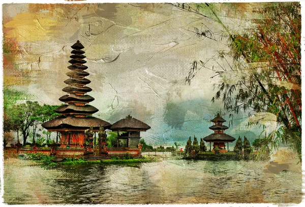 神秘的巴厘岛寺庙，在绘画风格的图稿 — 图库照片