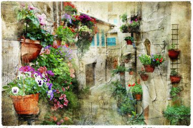 spello, İtalya umbria, sanatsal görüntü büyüleyici çiçekli sokak