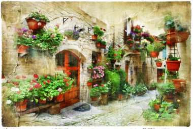 spello, umbria, İtalya çiçek sokaklarında. sanatsal fotoğraf