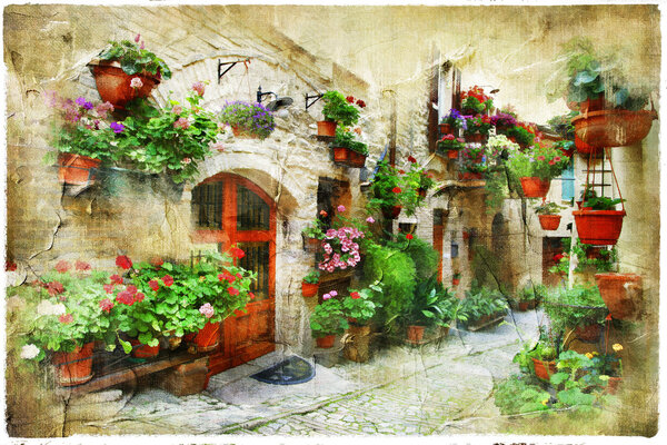 Floral streets of Spello, Umbria, Italy. artistic picture