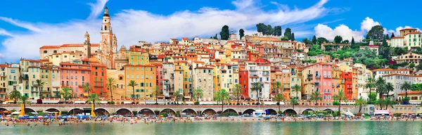 Férias Verão Francesas Cote Azure Menton Cidade Com Casas Coloridas — Fotografia de Stock