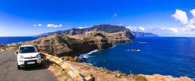  Madeira adasında arabayla seyahat etmek. Atlantik Okyanusu, Portekiz. Doğu yakasında Ponta do Rosto, Ponta de sao Lourence yarımadası