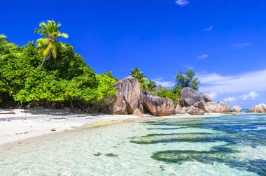 Dünyanın en manzaralı ve en güzel tropikal plajlarından biri olan La Digue Adası 'ndaki Anse kaynak d' argent, Seyşeller.