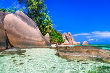 Granit taşlı eşsiz bir sahil. La Digue Adası, Seyşeller 'deki Anse kaynaklı d' argent.