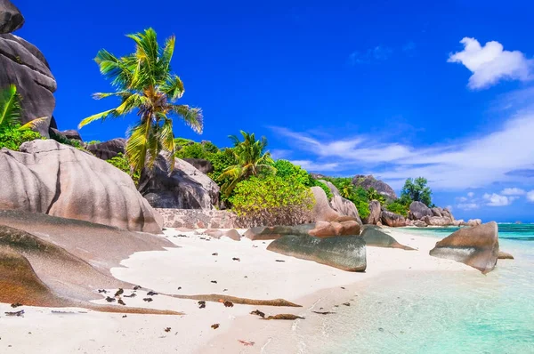 世界上风景最美丽的热带海滩之一 塞舌尔拉迪古岛的昂斯发源地 — 图库照片