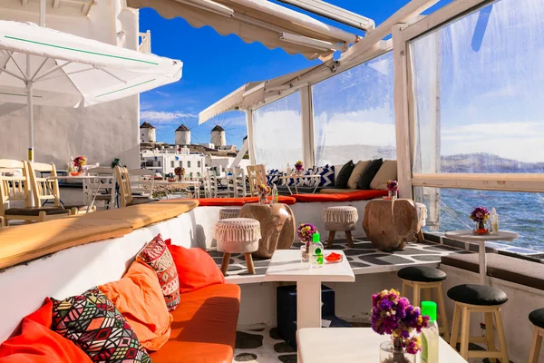 Mykonos岛Cyclades希腊暑假 在著名的热门地方 小威尼斯 的海边酒吧 — 图库照片