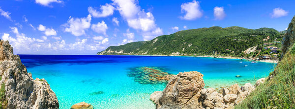Lefkada, Ionian island of Greece .Amazing turquoise sea of beautiful beach Agios Nikitas. 