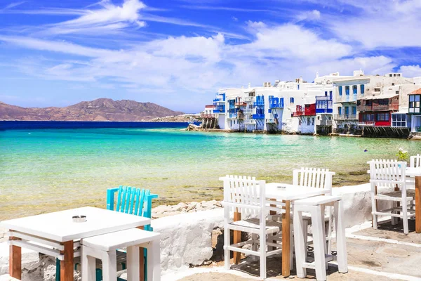 Grécia Viaja Ilha Luxo Mykonos Restaurantes Beira Mar Pequena Veneza — Fotografia de Stock