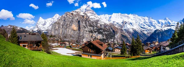 Switzerland Nature Travel Scenic Traditional Village Murren Surrounded Snow Peaks — Stock Photo, Image