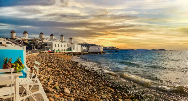 Isola Mykonos Cicladi Grecia Vacanze Estive Tramonto Bar Riva Mare — Foto Stock