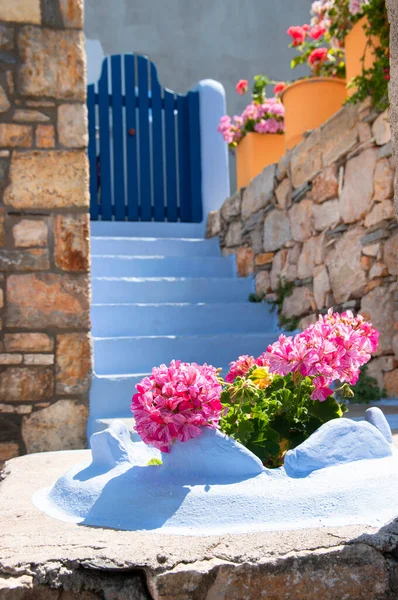 Encantadora Decoração Rua Floral Ilhas Gregas Tradicionais Grécia Viagem — Fotografia de Stock