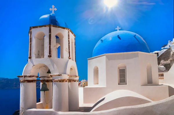 Dômes Bleus Emblématiques Églises Belle Île Romantique Santorin Village Oia — Photo