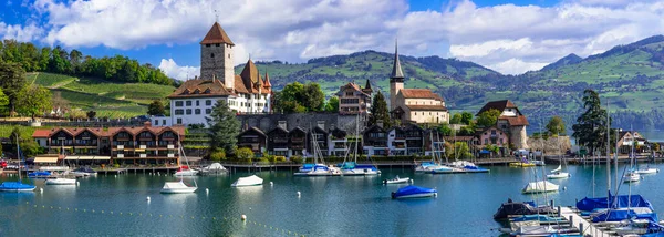 Scénický Jezero Thun Vesnice Spiez Jeho Slavný Středověký Hrad Staré — Stock fotografie