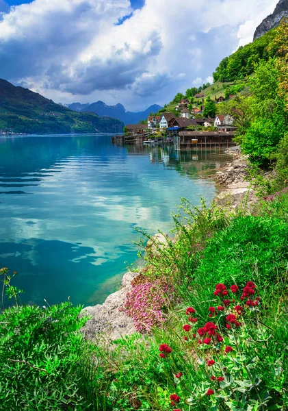Ідилічна Природа Швейцарських Озер Валензее Типове Маленьке Село Квінтен Швейцарський — стокове фото