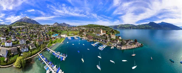 Impresionante Vista Aérea Del Lago Thun Pueblo Spiez Con Castillo — Foto de Stock