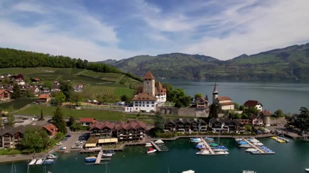 瑞士伯尔尼州阿尔卑斯山中的图恩湖和斯皮兹村有着著名的中世纪城堡和老城 令人叹为观止的无人驾驶飞机镜头 — 图库视频影像