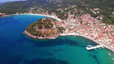 Aerial drone video of Parga colorful town and popular tourist resort in Epirus, Greece
