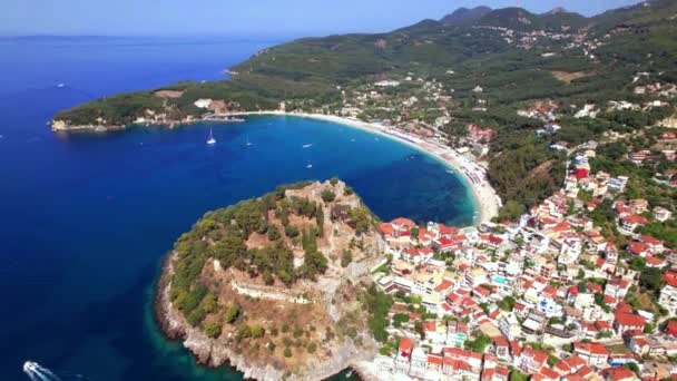 Aerial Drone Video Parga Colorful Town Popular Tourist Resort Epirus — Video