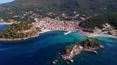 Aerial drone video of Parga colorful town and popular tourist resort in Epirus, Greece